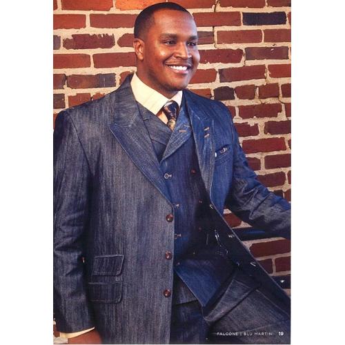Blu Martini Navy With Rust Hand-Pick Stitching Super 150's Glossy Denim Suit With Double Breasted Vest